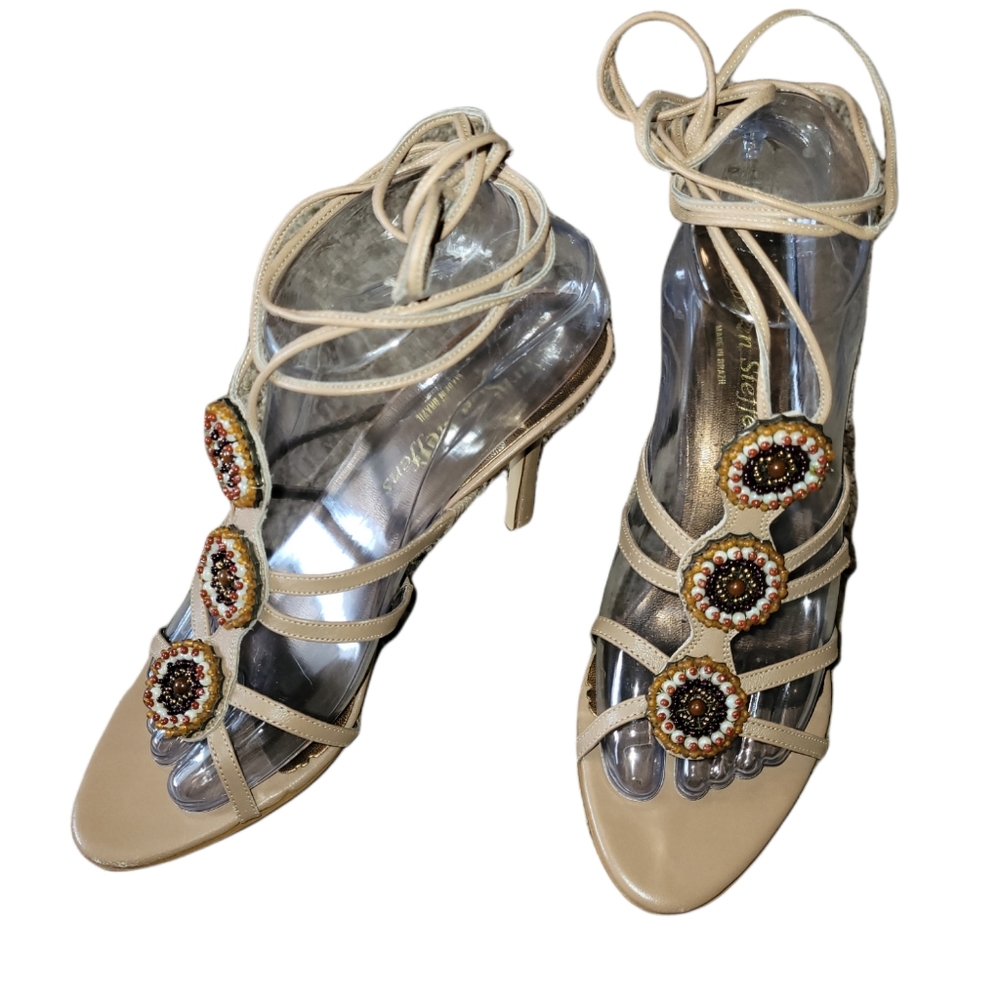 Carmen Steffens Brazil Designer Jeweled Heels Heeled Ankle Wrap Sandals sz 7